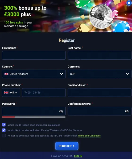 DiscoWin registreren – registratieformulier met welkomstbonus van 300% en 100 free spins